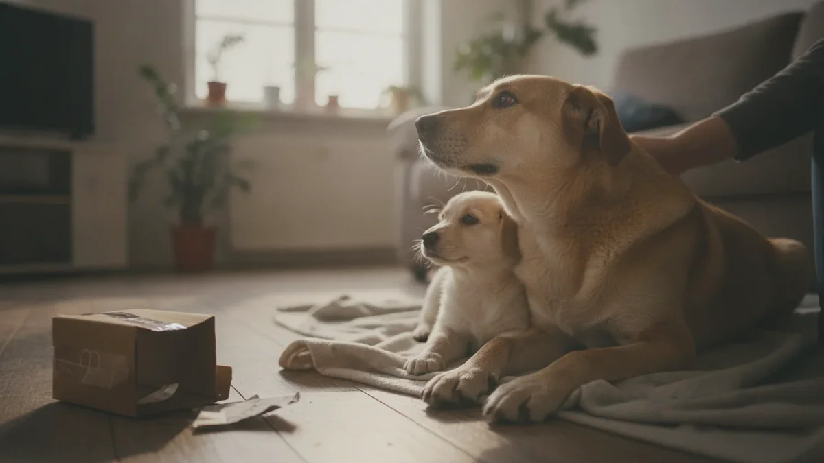 Hun var så sulten at hun spiste papp. I dag forlater denne hunden og valpen aldri eierens side